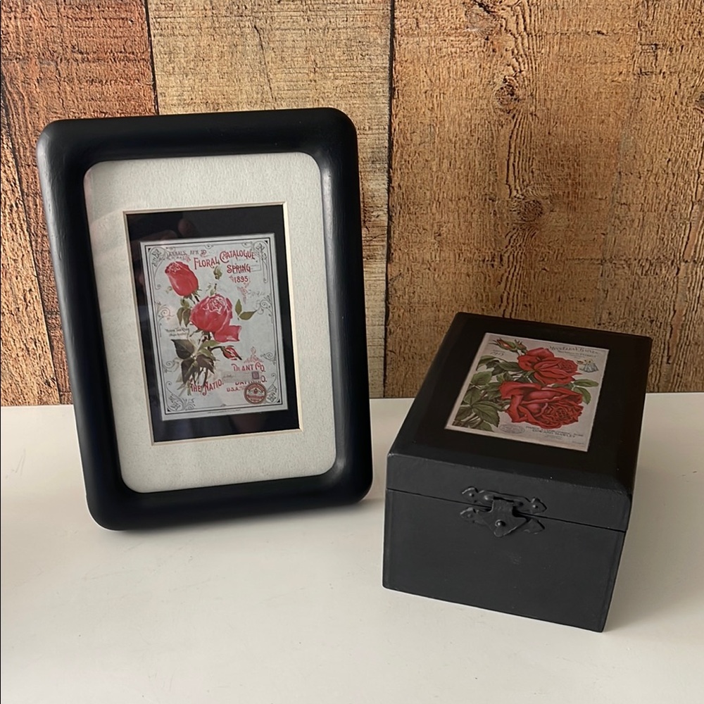 Vintage Black Picture Frame and Music Box with Ballerina Set